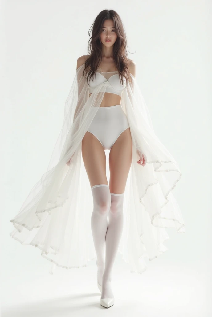 (A 16-year-old Japanese girl with a very slim figure, Firm and small breasts, a thin waist, and a very cute, baby face.:1.5),((Full body portrait:1.5)),very narrow waist,All pure white sheer tight miniskirt lingerie, lace gloves, high heels and garter stockings,Frightened look,Standing empty-handed and looking away,girl is looking somewhere,Secretly taken from the side at a distance:1.5