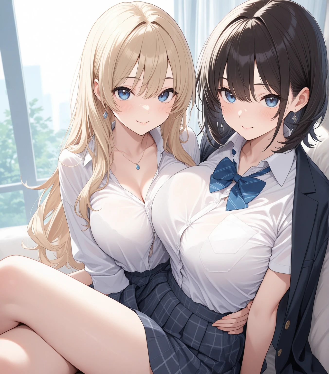 (highest quality:1.2, 4K, 8k, Studio Anime, Very detailed, up to date, Vibrant, High detail, High Contrast, masterpiece:1.2, highest quality, Best aesthetics), (((2 girls))), sit side by side, Sexy vibe, Attractive breasts, blazer, Blue tie, Pleated skirt, Sitting on the stairs, smile, Bring your cheeks together, Cute Girls, Get closer, Friendly atmosphere, Fun and young々Shii々Cool vibe, Precision and focus, Striking contrast,