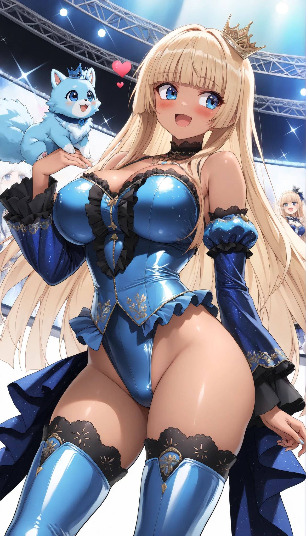 A girl who is wearing really short blue women's pants and has big breasts with crosses on her shirt, has blue eyes and pole dances and the boys look at her with love 