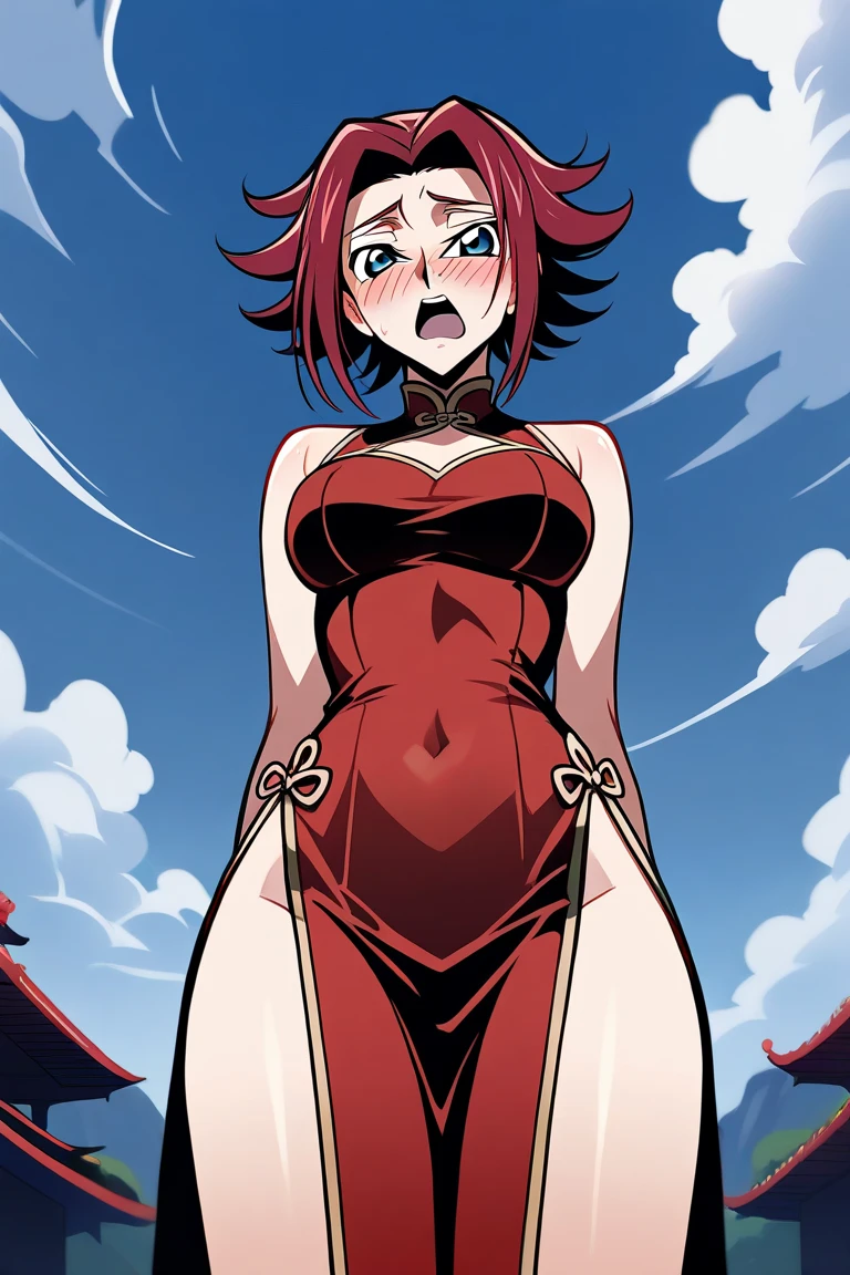RanmaChan, cabello rojo, Cabello con trenza, ojos azules, ojos detallados, gateando en el piso, Costume】【Cosplay】More Revealing Sideless China Dress, saltando de felicidad, cara alegre, abriendo las piernas
