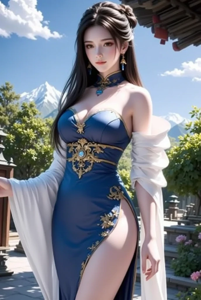 ((masterpiece, extremely precise in every detail, best quality, beautiful detailed glow)), woman, 13-years-old, (long dark blue hair:1.2), (beautiful attention to detail:1.1), slender, (wearing a long white evening-dress with decorated leather sash), ((doggy style:1.1)), (huge bra-buster), on a Greek temple