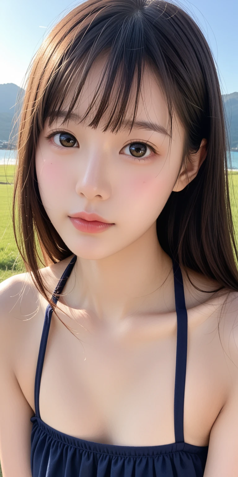 (masutepiece, Best Quality:1.3), 8K、An ultra-high picture quality、 Official art, Raw photo, Delicate girl, close up, The bikini, Cinch West, Large breasts, Beautiful bangs、length hair、 (Solo, Beach,  Beautiful sea, skyporn, A clear day:0.8), (Simple background:1.4), (Bokeh background:1.3), face lights, Teen, Looking at Viewer,  Sharp Focus, Dynamic lighting, (Eyes and faces with detailed:1.2)