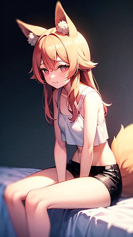 masterpiece, best quality, wolf girl, elegant, 1girl, wolf ears, wolf tail, cute, blushed, looking at viewer, from above, blonde wavy hair, mini skirt, white and black striped T-shirt, blue eyes, beautiful eyes, beautiful background, light particles, sun rays, dramatic lighting, outside, shiny, realistic, masterpiece, best quality, ultra-detailed, detailed, scenery, beautiful detailed eyes, detailed hair