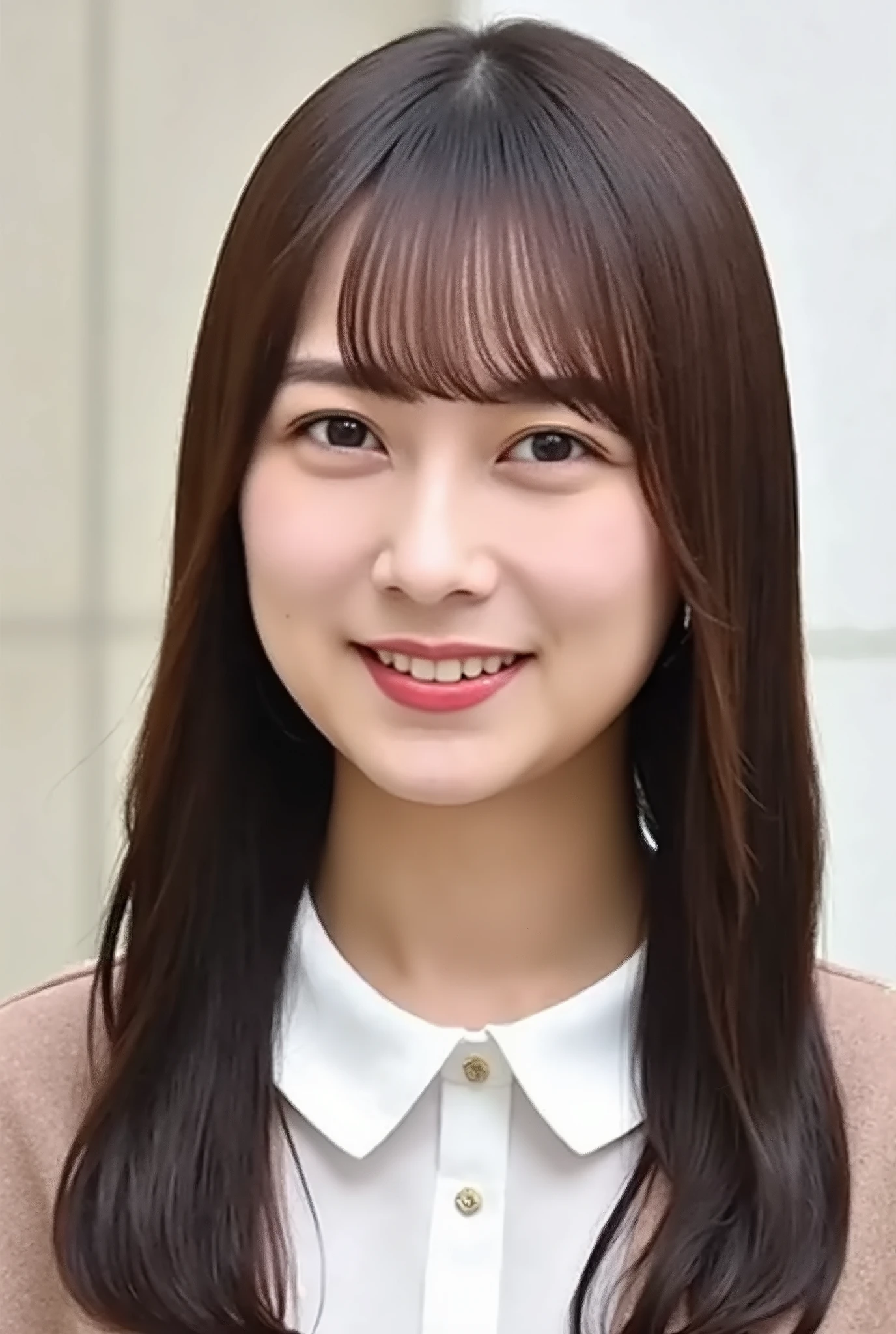 Neat Young Woman、looking at camera、office lady suit、jacket、shirt、Ear piercings、necklace、 pale brown hair、smile showing teeth、、background is office