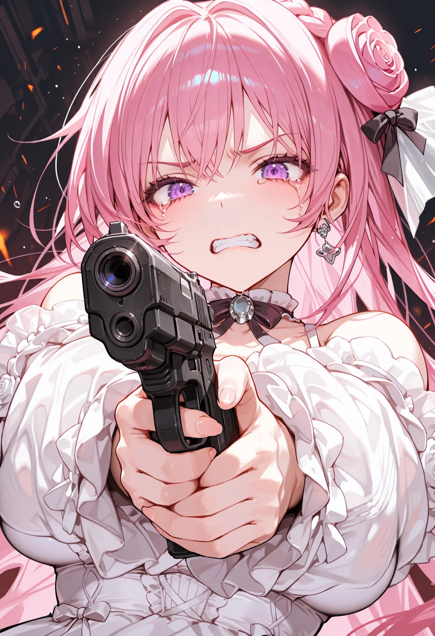 masterpiece,perfect anatomy,high resolution, ultra-detailed,beautiful detailed eyes,dutch angle,absurdres,1girl,solo,dorothy \(nikke: the goddess of victory\),white dress,hair ornament,furrowed brow,(tears,clenched teeth:1.3),(holding gun,pointing gun),upper body,