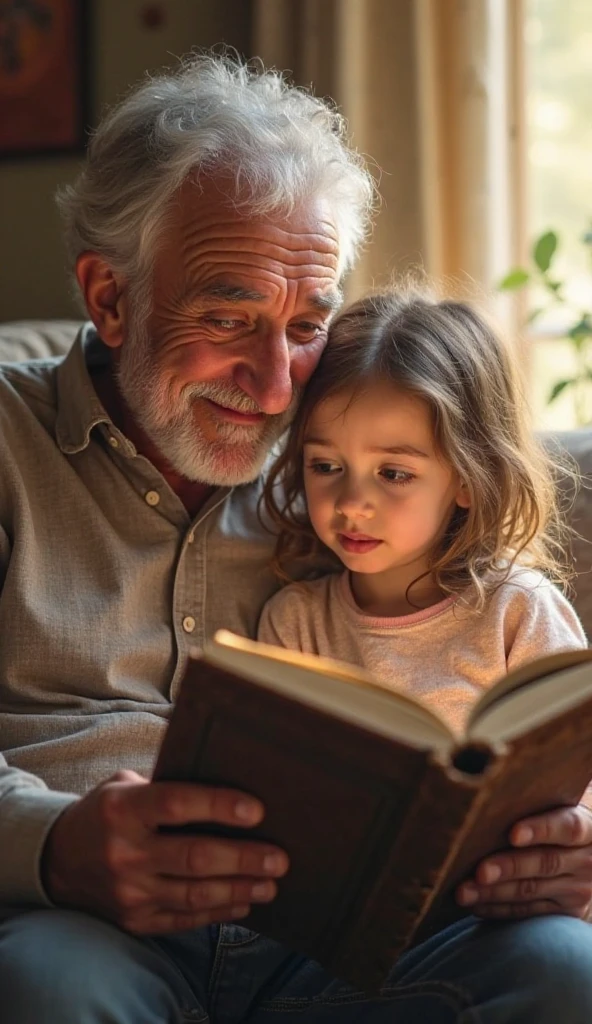 just an old man reading a book to ( A brown-haired child), through the window you can the field, twilight light, warm atmosphere, cultured atmosphere, (masterpiece) (perfect proportion) (realistic photo) (best quality) (detailed) (8k) (HDR) (wallpaper) (cinematic lighting) (sharp focus) (intricate)