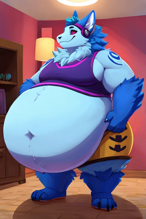 Malamute, female, long blue hair, black and blue body,, huge hips, huge thighs, plump, voluptuous,obese, gorgeous, beautiful, eyelashes, tank top, shorts,fat arms, fat legs, belly rolls, fat rolls, hip fat rolls, double chin, chubby cheeks , barefoot