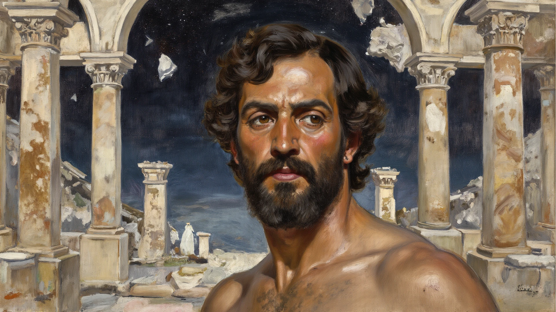 Old Man, The Spartan Warrior of the Ancient Greece, red cape, soft lighting, (best quality, high resolution, outstanding composition, masterpiece:1.4), (very dark:1.2), oil painting, in style of Nicola Samori