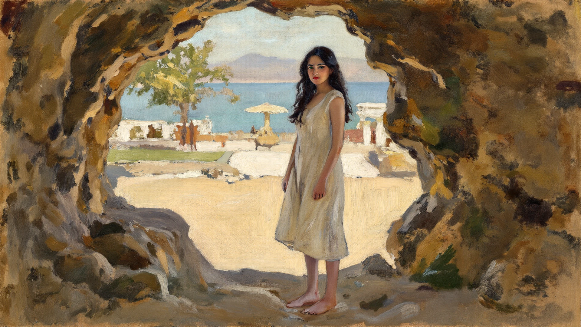 alone in the universe, in watercolor style, Photorealism, discreet golden and ruby and mint shades, (nude) a gentle, modest, thin girl of 16 years old with a very beautiful, sophisticated face of the southern type with a short hairstyle with beautiful breasts with tender nipples, barefoot in a long old burgundy skirt, walks in the distance through the desert, stunted little plants, drought, precious jewelry on the neck and chest and on the wrists, precious bracelets, ankle bracelets