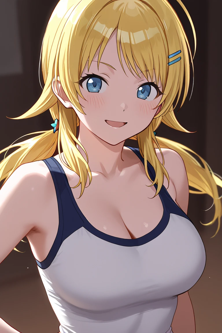 Lucy Heartfilia, closed outfit, cleavage, large breasts, beautiful blonde hair, happy expression, masterpiece, sexy pose, whole body visible in the frame, , best quality, anime style, hires, highest definition, digital blending, bold drawing lines, armpits visible