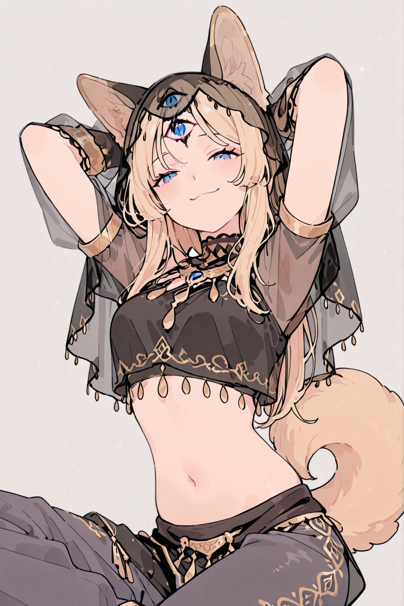 1girl, ((3rd Eye)), Vertical eye, dog girl, dog ears, dog tail, swaying tail, labrador ears, light-blonde hair, light-blonde fur, long hair, blue eyes, gloving eyes, Arabian Belly dancer outfit, Cropped top, black clothes, black Veil, Transparent Veil, Transparent Face Veil, Pants, Loin Cloth, patterned clothes, smug smile, half closed eyes, navel, hands behind head, golden jewelry, looking at viewer, dark-grey background, best quality,