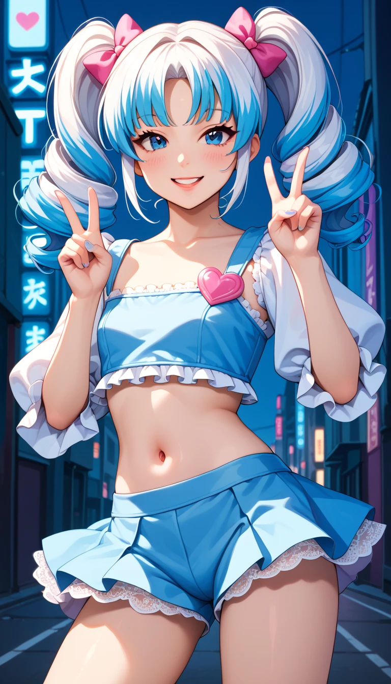 (best quality,4k,8k,highres,masterpiece:1.2),ultra-detailed,(anime style),aisha hanabi,blue hair,side pigtails,mole under eye,flat chested,mystical background,pac-man,neon lights art,zentangle and origami style background,colorful,tank top,mini skirt, vibrant colors, dark tones,