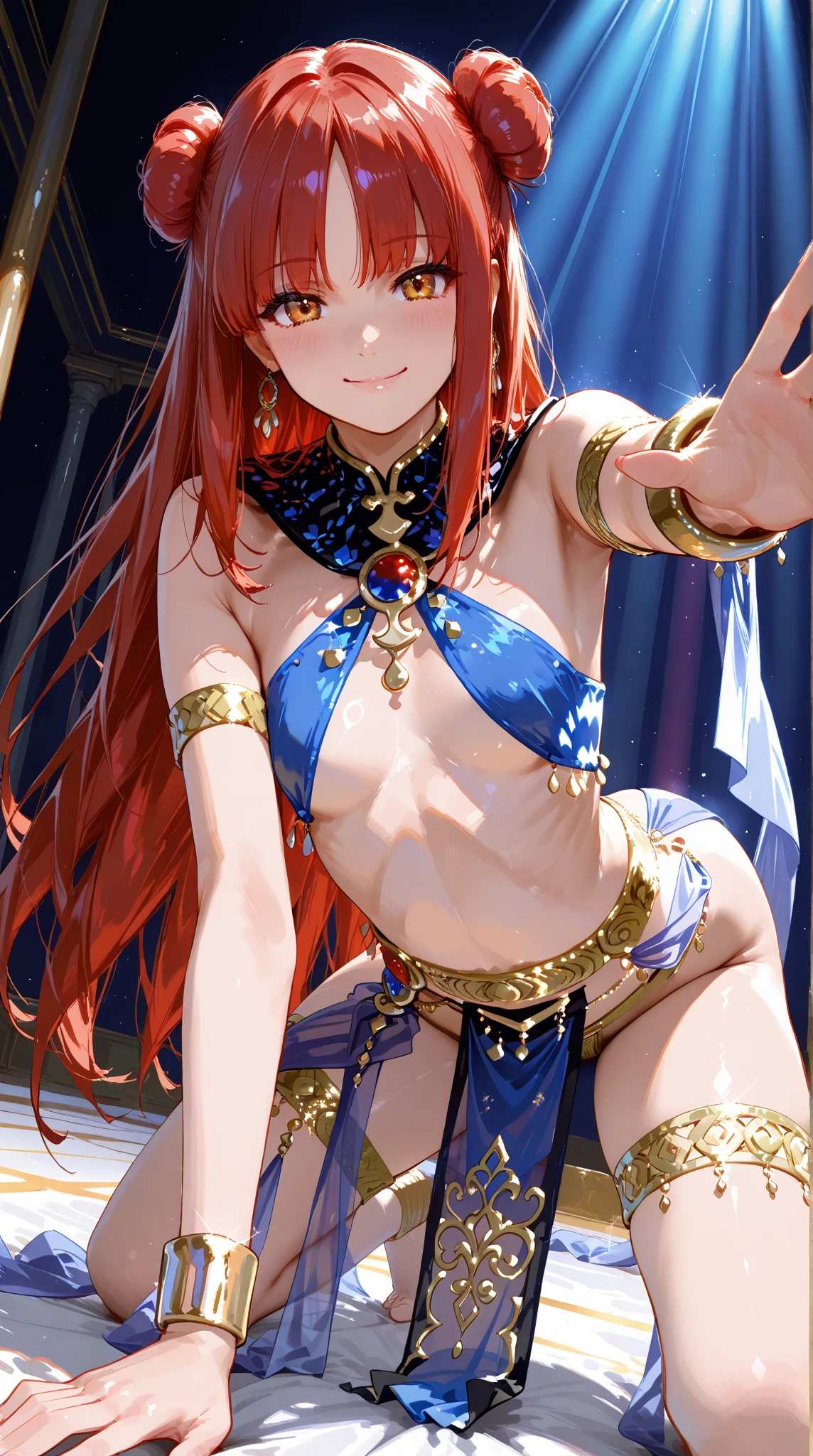 One Girl, A girl is posing for a photo, pretty girl, Enchanting girl, Beautiful Anime Girls, (((A young, short 5-year-old girl))),
((Red hair, Bangs that expose the forehead:1.4, Very long, wavy hair at the back:1.4), (blue eyes)),
(A bikini bra with lots of gold ornaments on a black background + Bikini pants with lots of gold decorations on a black background + Black elbow gloves:1.4 + Knee-high stockings with a shiny finish and gold trim:1.4 + Black Face Veil:1.4, Black High Heels), (She is wearing layers of Arabian dancer clothing.:1.4, flashy gold headpiece:1.4),
((Gold Bracelet, Gold Earrings, fancy gold necklace)),
BREAK Sensual,((Small breasts)),
BREAK
(Beautiful Hair, Shiny Hair, Shiny Hair)),
(Double eyelids, Long eyelashes),
(Expression of fine eyes, Beautiful and delicate eyes, Sparkling eyes, Eye Reflexes),
(Beautiful Nose,Thin Nose), (Human Ear),
(Glossy Lips, Beautiful Lips, thick lips),
(Symmetrical facial features, Perfect Face), (Beautiful breasts), (Detailed skin, Oily skin, Textured skin, Glowing Beautiful Skin),
BREAK
(((Embarrassed)),
BREAK
((Fantasy World:1.4, night + I can see the stars and the moon + desert:1.4, She is dancing seductively, facing the viewer.:1.4)), ((Angle from the front, Cowboy Shot:1.4)),
BREAK
((Ultra-high resolution)), (((masterpiece))), (((highest quality))), ((8k)), (Attention to detail), (Beautiful sparkle), (High detail), (Anatomically correct)),
((Realistic)), ((The best CG)), Highly detailed art, CG illustration, ((Line art)),