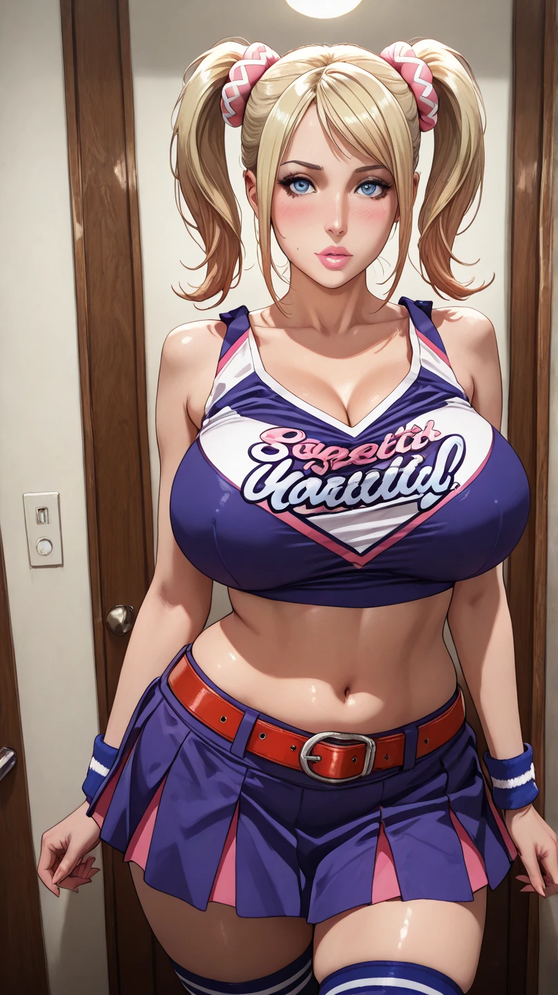 (highest quality, masterpiece:), ultra-high resolution, daytime, sunny, inside stadium, Korean gravure model, 24 years old, tight, back shot:1.5, looking back over the shoulder:1.5, wearing pink color football uniform, high leg, gigantic breasts, puffy nipple:1.4, skinny, bangs, long hair, brown hair, ponytail, choppy hair, unkempt hair:1.2, gorgeous earrings, beauty, embarrassed, blush:1.3, mature woman,