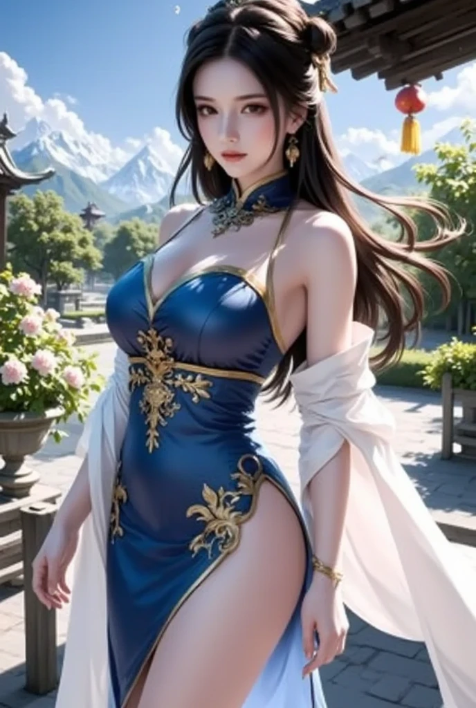 female，alone，gray background，artistic lighting，beautiful asian goddess，tie one&#39;s hair up，exquisite facial features，white lace dress，sleeveless，smooth thighs and feet，giant :1.3，exposed:1.2，look at the audience，Character-centric，symmetry diagram，whole body:1.5，from below:1.4，abdominal injection, perfect hand expression