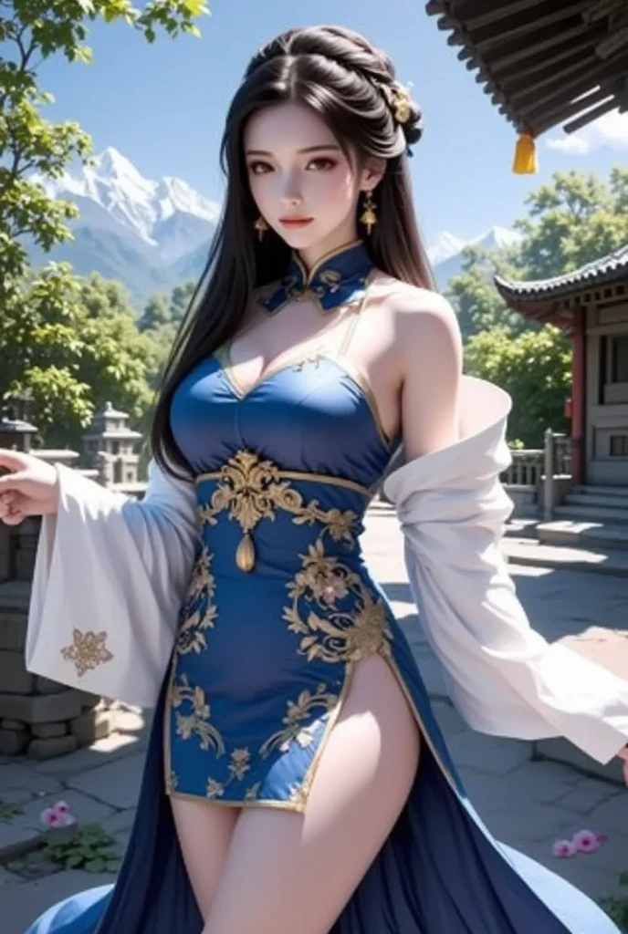 ung woman aged 20 years, Full body, standing and walking beautifully, Long, flowing hair, Face with heavy makeup, clearly enhance beauty, Big, bouncy breasts, Looking at the camera with sexy eyes, In a dark black Chinese warrior outfit,dark red,dark blue, It has a shiny silver-gold metal.,In a flower garden, Chinese woman, Traditional Chinese armor warrior clothing Taken with a high quality camera 45,000,000,000 pixels 16k,,