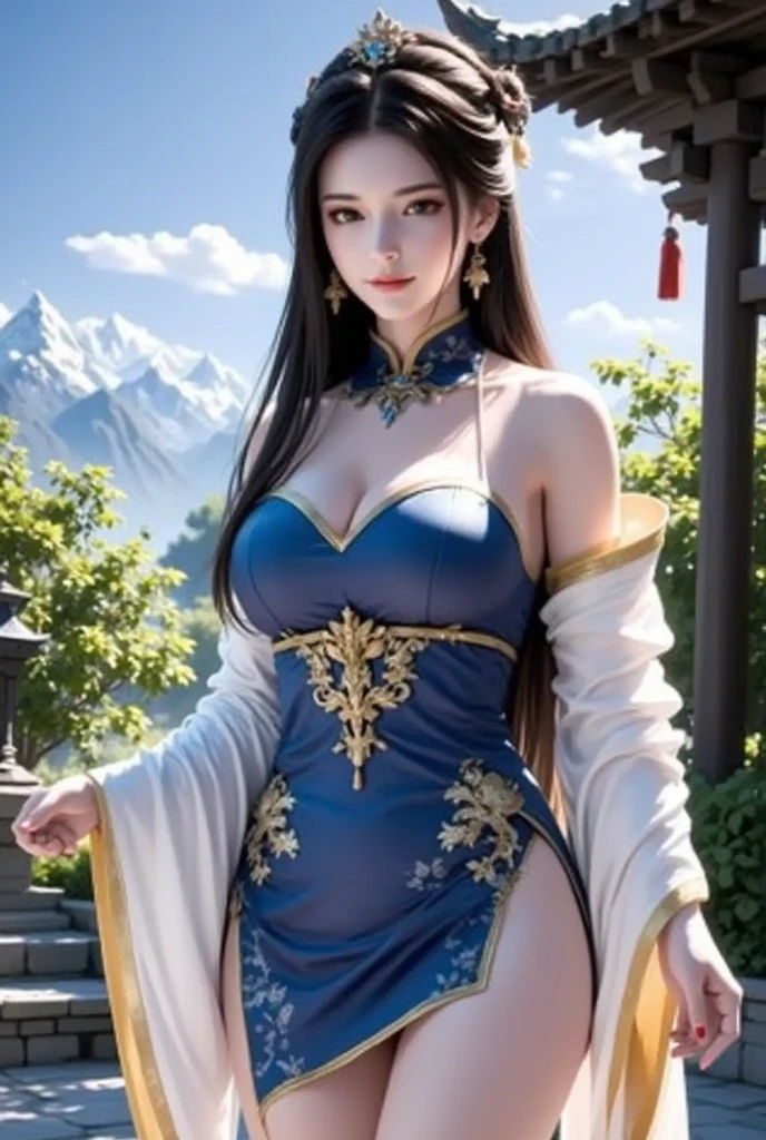 (master piece:1.5), (best quality:1.5), 8k,wallpaper, Full Body Female pony tail dark hair dark fantasy girl wearing an intricate elaborate futuristic white and blue armor with super short white mini swim suit with elaborated gold ornaments, with and gold tiara, white super short mini skirt, sexy, super hot, perfect face, wearing two big white pistols, castle entrance behind, castle at the distance, ethereal lightning, sharp focus