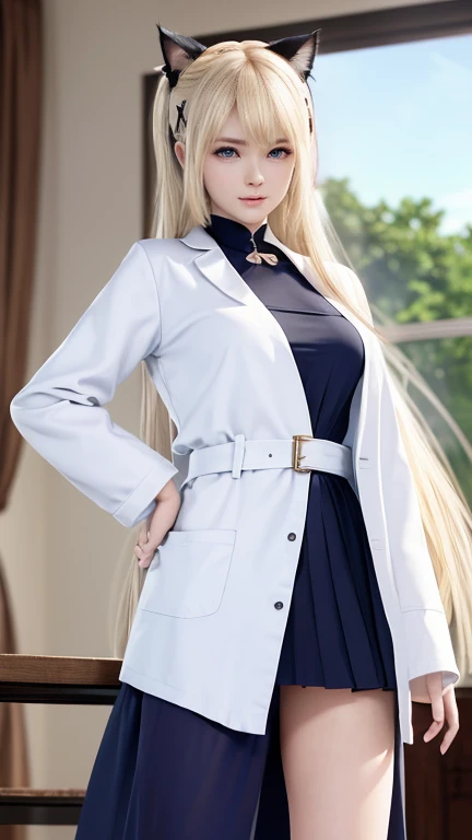 white coats,white skinned,Yellow-haired,rnlong hair,Blue eyes,The upper part of the body,Masterpiece --auto