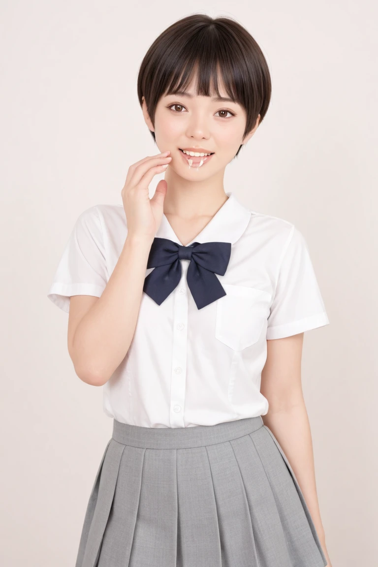 (Realistic、Like a photograph、Live Action、8K, Realistic, RAW Photos, Best image quality: 1.4), Single-lens reflex camera、RAW Photos, Highest quality, Realistic, Very detailed CG Unity 8k wallpaper, Written boundary depth, Cinematic Light, Lens flare, Ray Tracing, Realistic background、Many people々:1.4、((high school girl:1.form:1.3、Uniform skirt:1.3)、Big Breasts)、((ultra high density skin))、 1 female,Cute high school girl、((Girls cheering in the schoolyard、support、(whole body:1.5)、Smiling at school))、short hair:1.2、Short Ponytail、I like that style、stylish、Very detailed、Pay attention to the details、Perfect outfit、(Sunburned skin)、Beautiful feet:1.1，View from the front