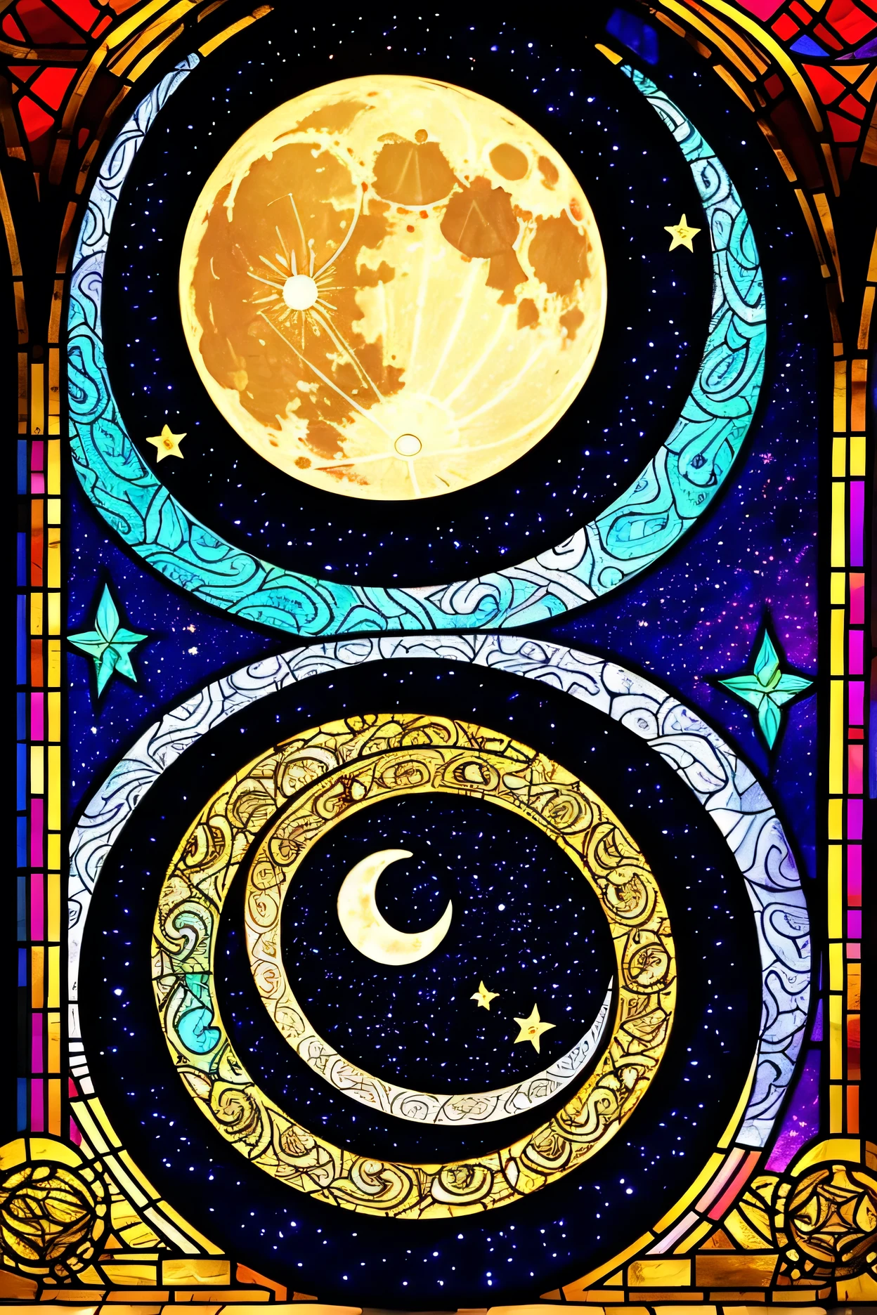 
 Digital painting inspired by。Swirly Full Moon Picture, stained glass art, Sky Filled with Stars and Paisley Patterns, stained glass style, glowing stained glass backdrop, the Moon and Stars, golden twilight stained glass, stained glass, intricate stained glass, FIRE STAIN GLASS , stained glass!!, Moon and Stars, stained glass, stained glass tarot style