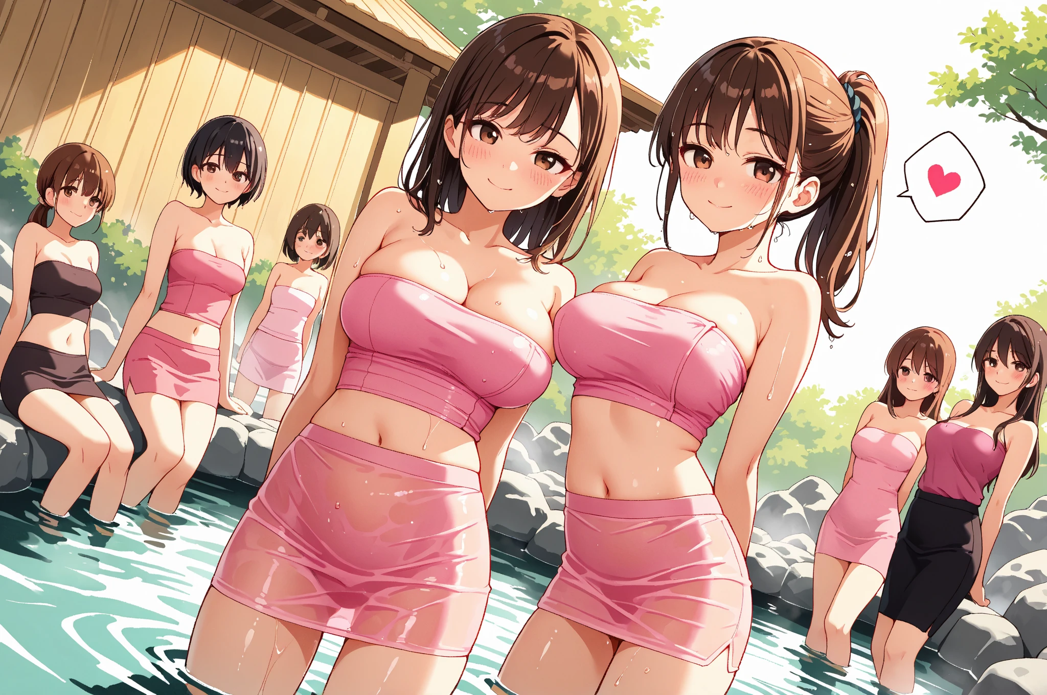 (masterpiece), best quality, (16k), expressive eyes, perfect face, lady, 3 girls, large breast, navel, BREAK, (((topless))), (((wet navy blue solid pencil mini skirt))), bare arms, bare legs, shiny skin, wet body, BREAK, outdoors, in the waterfalls, wading, BREAK, brown hair, wet hair, Lower ponytail, closed eyes, :), BREAK, standing, (upper body), ((from behind)),