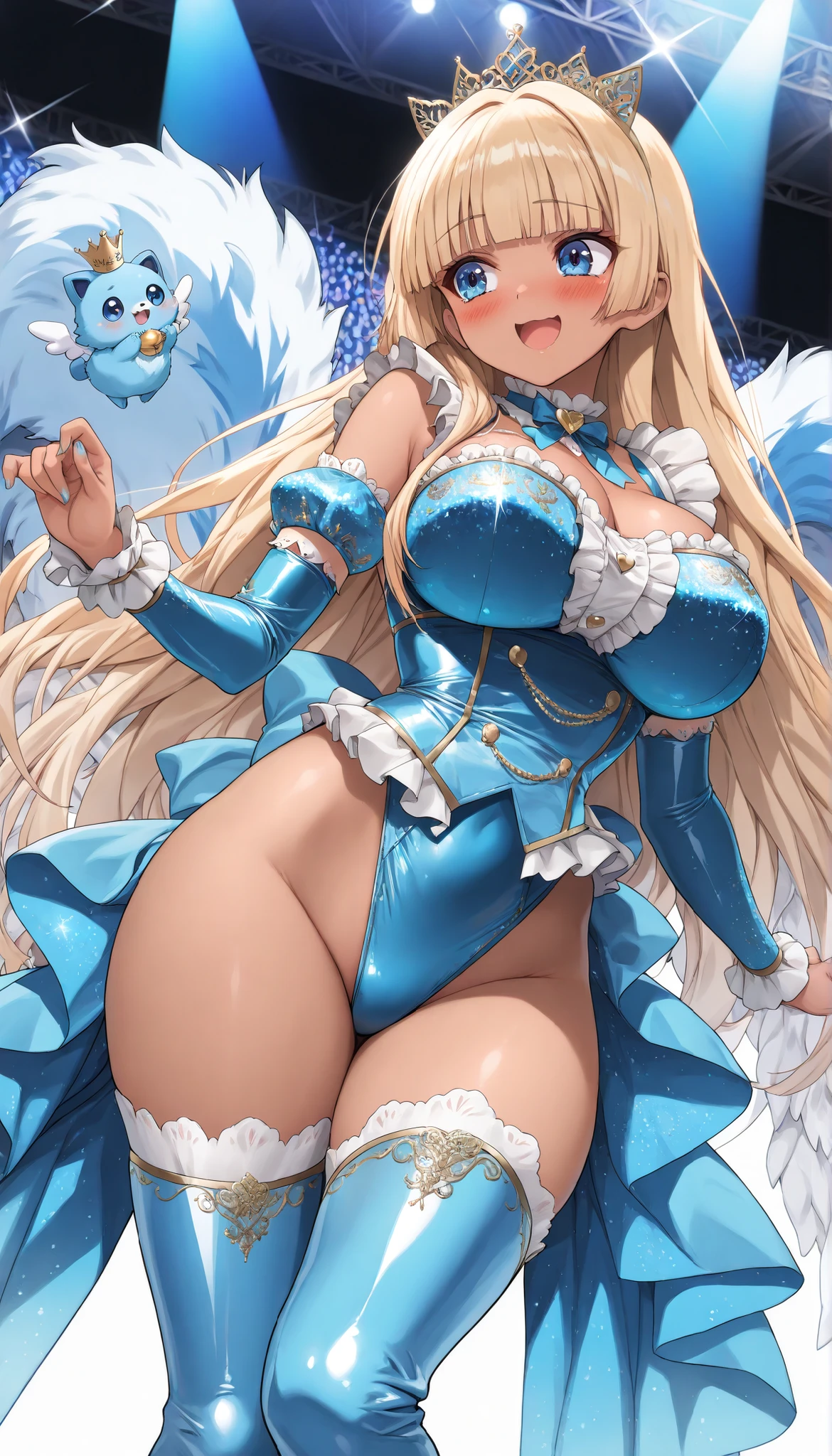 ((highest quality、High resolution))、A beautiful woman、Perfect body、beautiful ample breasts、Long blonde、bangs、Blue and white、Embellished blue sexy dress、skirt、a sexually excited look、I spread my legs wide open to show you my pussy、Love juice dripping from pussy、I'm inviting you to have sex、Outdoor Scenery
