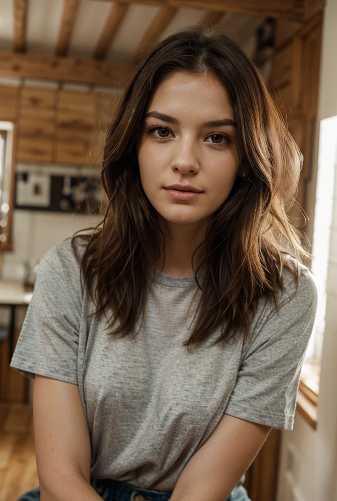 A professional portrait photograph of a gorgeous Norwegian girl in summer clothing with long wavy dark red hair, sultry flirty look, gorgeous symmetrical face, cute natural makeup, wearing elegant summer fashion clothing, sitting in a coffee shop at night, stunning modern urban environment, ultra realistic, concept art, elegant, highly detailed, intricate, sharp focus, depth of field, f/1.8, 85mm, medium shot, mid shot, professionally color graded, bright soft diffused light, volumetric fog, trending on Instagram, HDR 4K, 8K