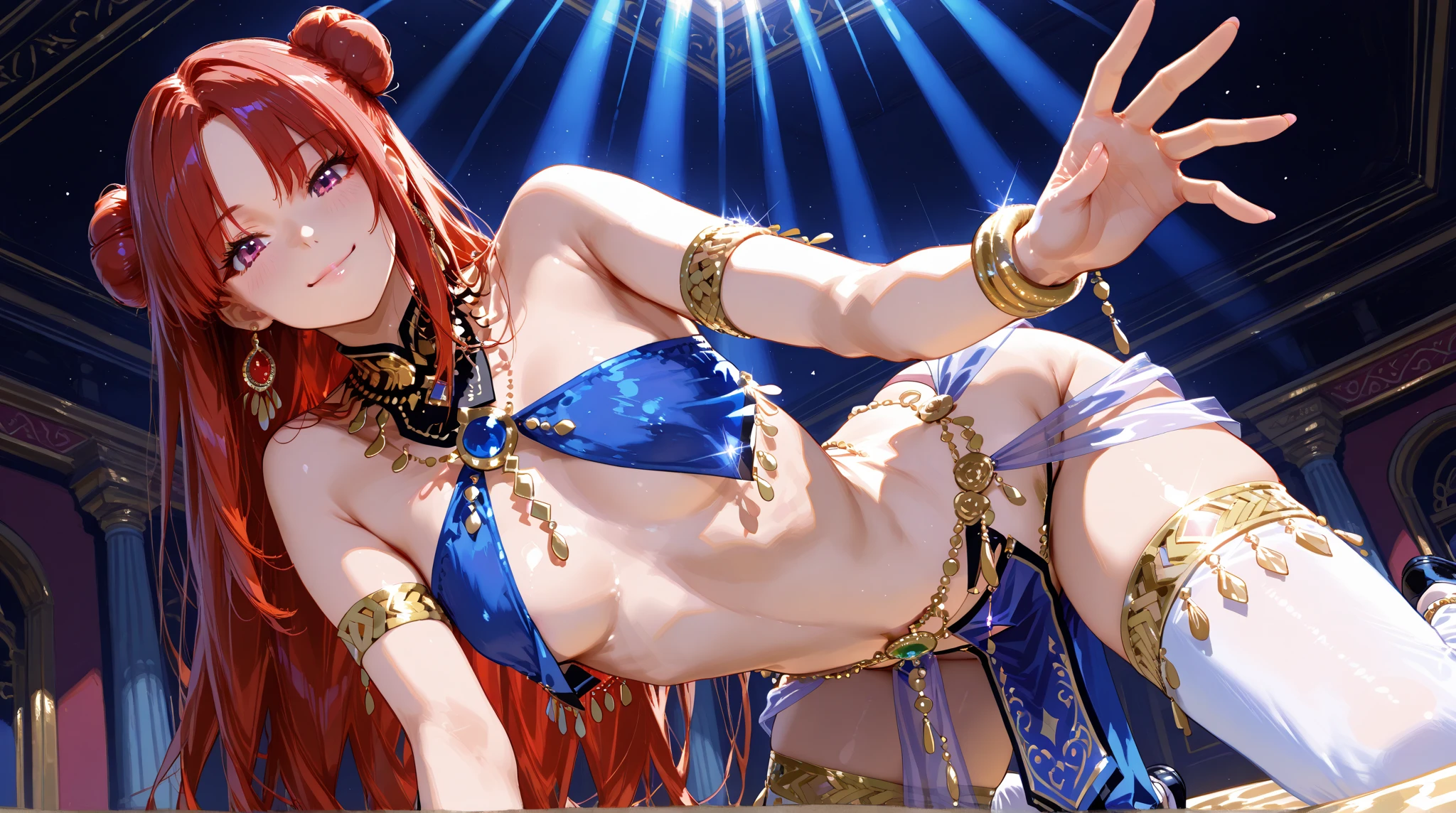 (masterpiece), best quality, expressive eyes, perfect face,Mature female,1 girl (nilou,Genshin impact),(harem outfit,exposed midriff,topless),karaoke room background,medium breasts,smile,topless,nipple,slim figure,