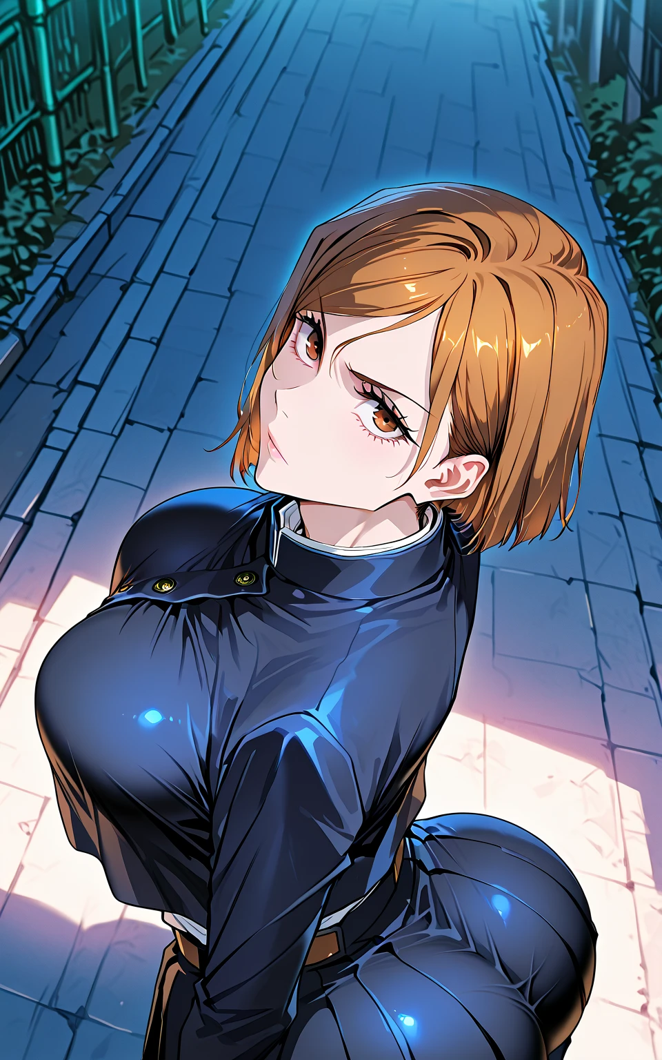 ((1girl)),((alone)),nobara kugisaki,(masterpiece), (best quality), (ultra detailed), (best illustration), (best shadow), (absurdities), sharp focus, cowboy shot , looking at the viewer, dynamic posture, 18 years old, short hair, orange hair, brown eyes, mole below the outer edge of the eye, large breasts, narrow waist, wide hips, wide thighs, round butt, (black dress, collared dress tall, jean shot, makeup, light pink lips, ???? sleeves, light pink lipstick, closed mouth, turtleneck sweater, hand on hip, seductive smile, black pantyhose, (sexy pose:1.2), solo, standing:1.2, exterior, cityscape, japanese city, streets, night, streetlights, city lights, looking forward, ((focus on breasts), pov (from above) expression would be, red blush, perfect ???????, perfect hands
