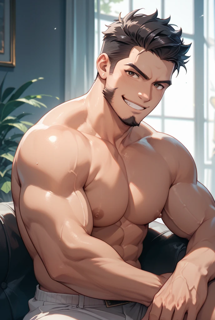 a very handsome man, adult, handsome, cheerful, Mid fade haircut, massively muscular, with massively large muscles, with massively large, muscular and defined body, wearing a gray shirt, seen very close up