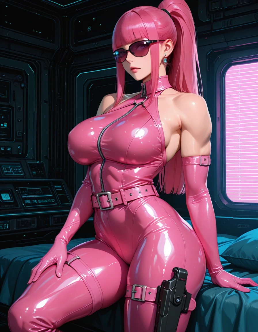pink dominatrix concept, portrait picture Unreal Engine 5 8K UHD of beautiful female, full pink latex, straight blunt bangs hair, pink tight latex , earrings, pink latex body straps, pink latex long sock, pink latex long glove, futuristic design, beautiful make up, best quality, masterpiece, breasts