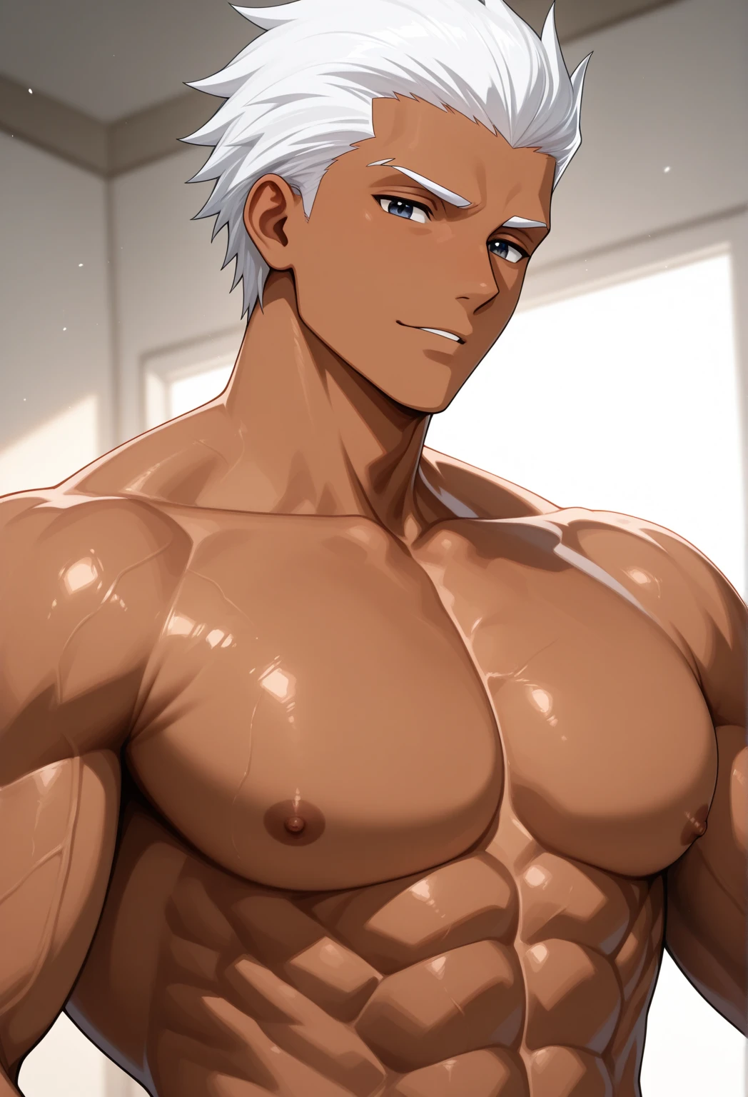 1boy, best quality, detailed face, (detailed eyes:1.3), light-skinned male, white hair, short hair, messy hair, red eyes, happy, shirtless, white jockstrap, muscular male, indoors, hotel