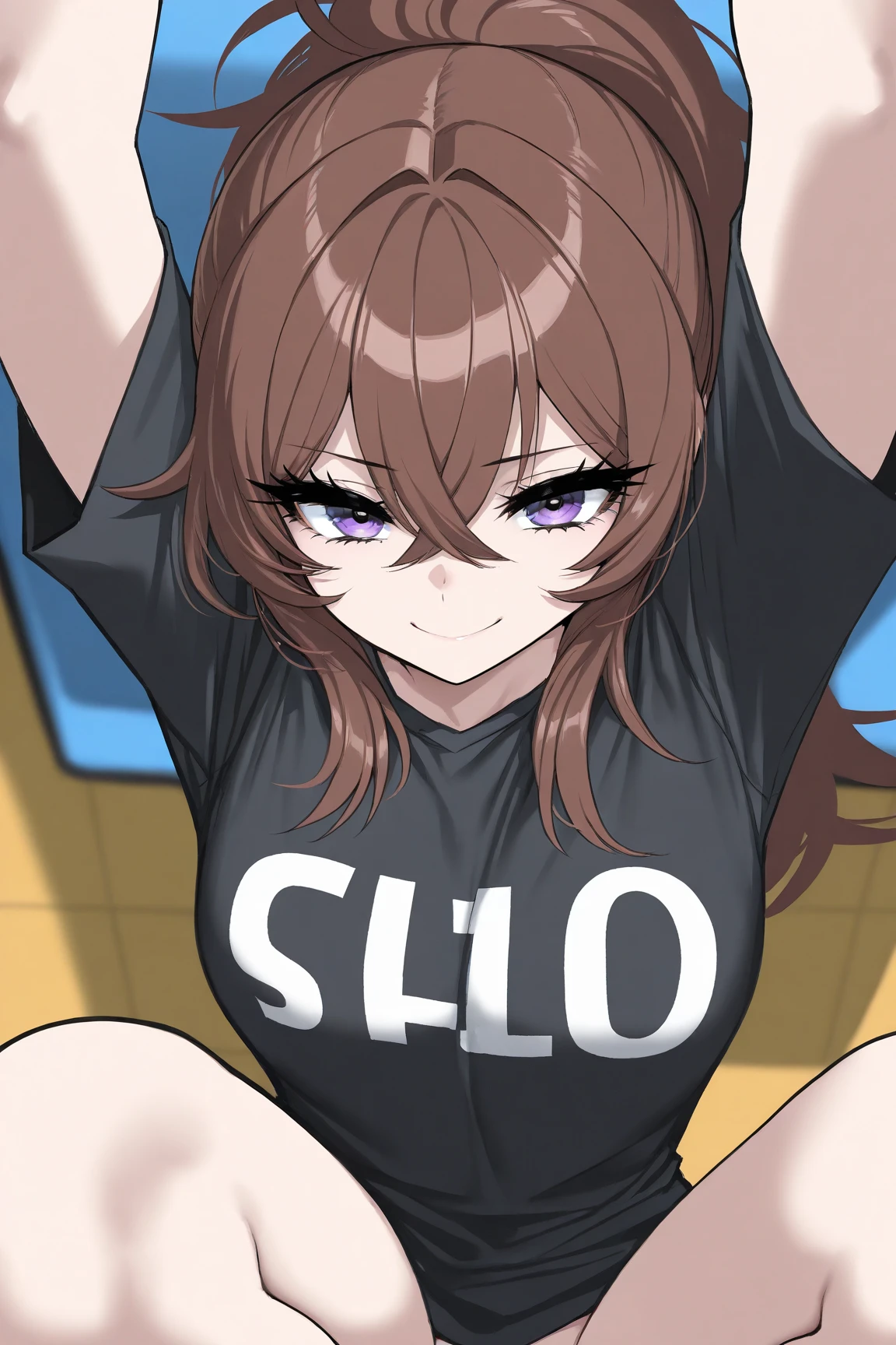 amicia michella - nijisanji, anime style, 1boyl, brown short hair, yellow inner hair, wavy hair, green eyes, detailed eyes, midriff, girly face, seductive, thin lips, painted lips, shy smile face, wide hips, thick thighs, huge round ass, full flat chest, bulge, bunny ears ornament, black bunny suit, high-neck collar, bow tie, thigh high, garter, full body, dynamic pose, office, nsfw