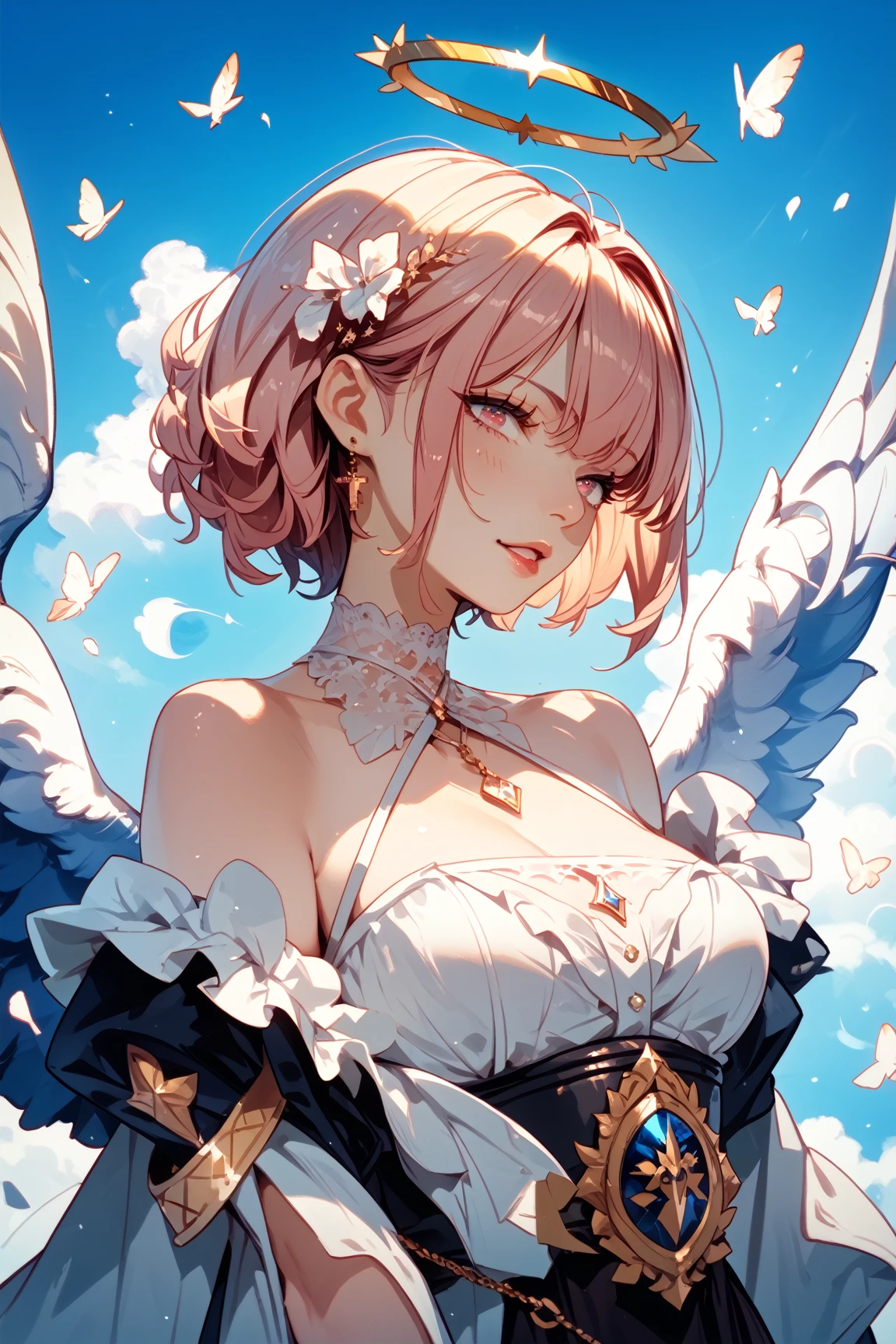 <lora:25D_Loras:0.8> 25D_Loras, (masterpiece, best quality, ultra-detailed, highres), perfect face, side lighting, lustrous skin,(bloom), (shine), 1girl, two tone hair, blue hair, pink hair, blue eyes, rainbow sky, cherry blossoms, detailed face, shiny skin, smile, style of Honkai Impact, mihoyo, nigh sky, moonlight, moon, (wings 1.5), white gloves, depth_of_field, very detailed background, rule of thirds, great composition,Dynamic angle, solo, extreme light and shadow,(detailed eyes), (extremely detailed CG unity 8k wallpaper),perfect anatomy , vivid colors, wide shot, cowboy shot, full body