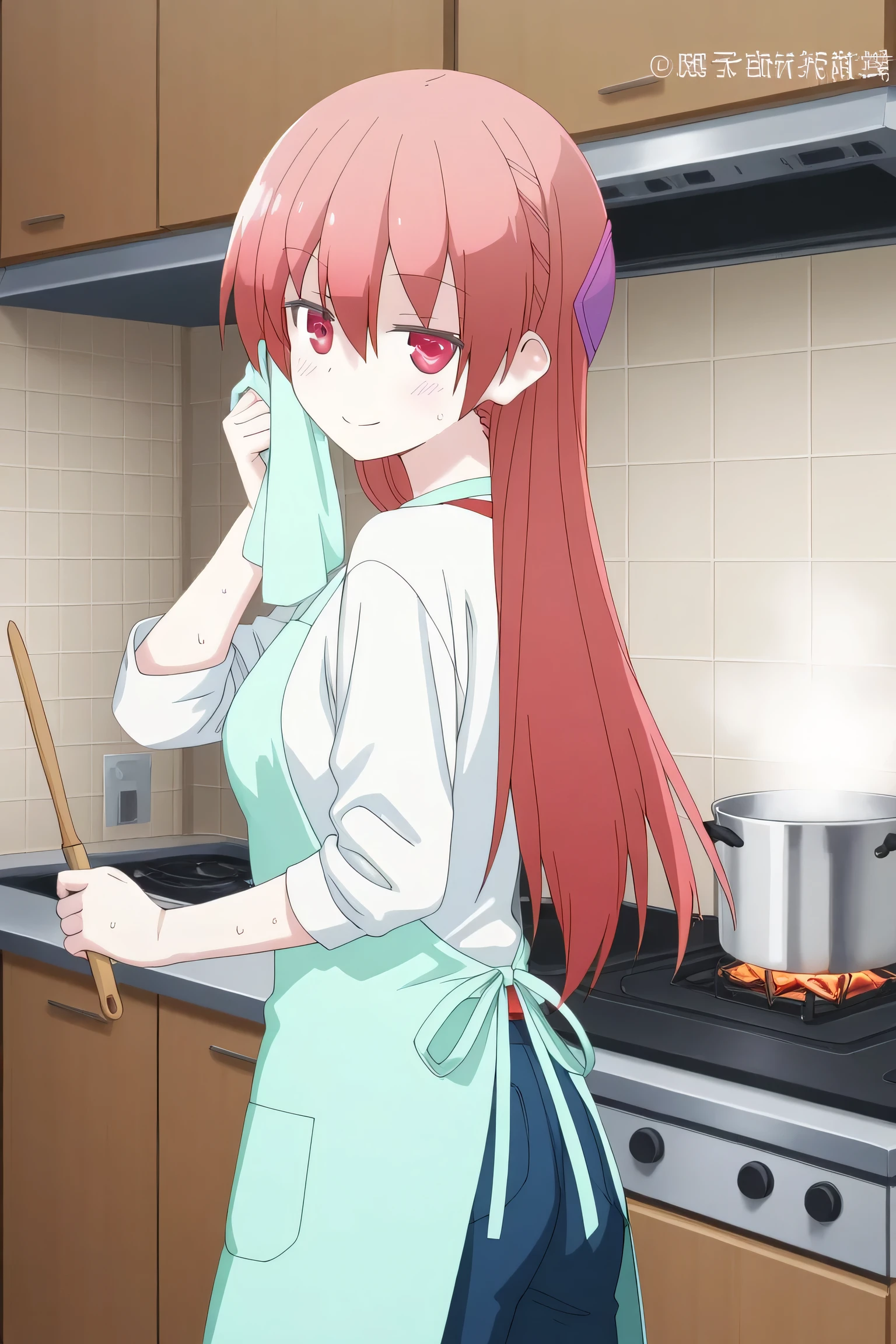 tsukasa yuzaki,was cooking in the kitchen,smiling while wiping sweat,  visible from the side 