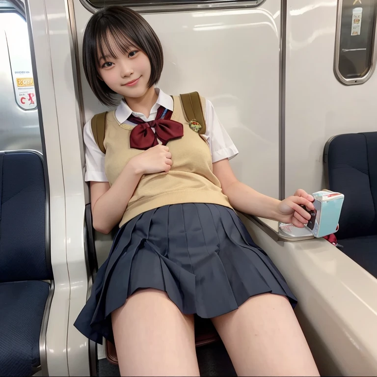 8k,Japanese,10 years old,Innocent face,Teenage Girl,cute,(Masterpiece)、(Best image quality)、Japanese Girl,  uniform、Pleated skirt skirt,(( Accentuate your thighs)), White thighs, Soft thighs, Shiny thighs,(Commuter train))、((Sitting on a train), Under angle, (((Angle from below))),sitting in a train seat,Sit in front,(((Zoom camera on crotch))),Put your feet on the floor of the train,whole body,(Watch only viewers)", ((Japanese Idols、Pretty face))