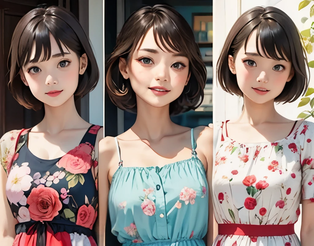 393 ((young woman)),(shorthair),(Neat hair),(floral dress),(Archaic Smile)