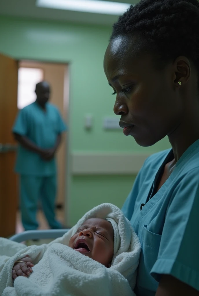 Generate image of African Igbo maternity  with an igbo nurse carrying the baby leaving the threatre room looking suspicious