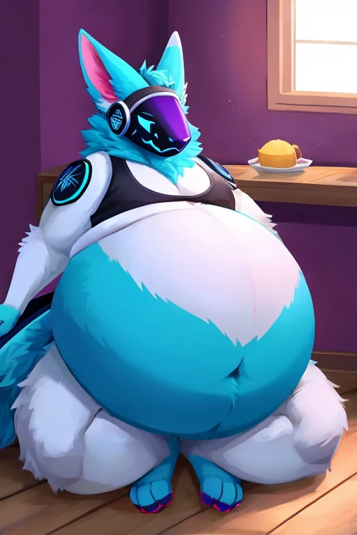 hi res,(protogen), anthro, 4 fingers, bright cyan eyes, male, hyper muscles, hyper muscular male, gigantic balls, gigantic cock, gigantic very long dick, erect dick in boxers, almost naked (only transparent color underwear), abnormal hyper size detailed dick, transparent underwear, transparent underwear color, visible gigantic size penis, long tail, fluffy tail, black body - white chest, inside, solo, dark room, detailed background, by milkytiger1145, by takemoto arashi, by null-ghost, cold atmosphere, crazed expression
