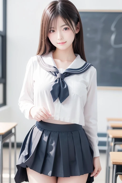 White short-sleeved button-front shirt、Navy blue mini skirt、high school girl、Transparent nipples、Cleavage、Knees up and legs wide open to show off genitals、Large ribbon on the chest、No underwear、No bra、Long black hair、ponytail、Big Breasts、Embarrassed expression、Droopy eyes、Knee-high socks、highest quality