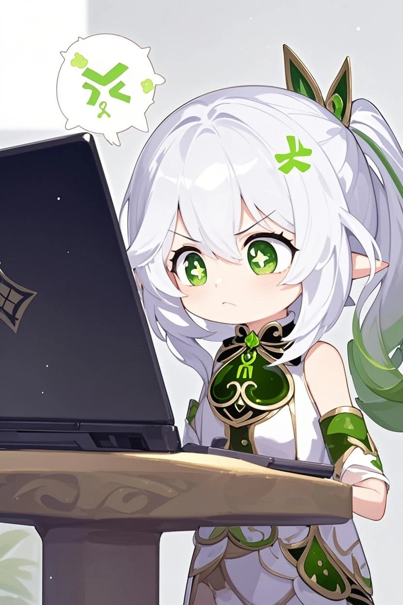 beautiful, View your viewers, Detailed face, Fantasy, beautiful lighting, (22 year old Spanish female), Flowing white hair, Green Eyes, Sitting,Fine grain, Detailed face, Fine hand, Blue Eyes, Green dress, dress, Elf, Fairy, Feathers from the back, flying, （Moderate exposure:1.5), Big Breasts, Big Tits, tits, Sex、（distress:1.5）、（worry：1.5）、（Keep your mouth shut:1.6）、(closing her mouth:1.6), (Suffering:1.5), (distressed:1.5), (sighing:1.5), (sad:1.5), (painful:1.5), (tired:1.5), (Put her right hand on her head:1.5), （Looking at the monitor:1.6)、(touching the computer:1.6)、（looking at the monitor:1.6), (touching her computer.:1.6) 