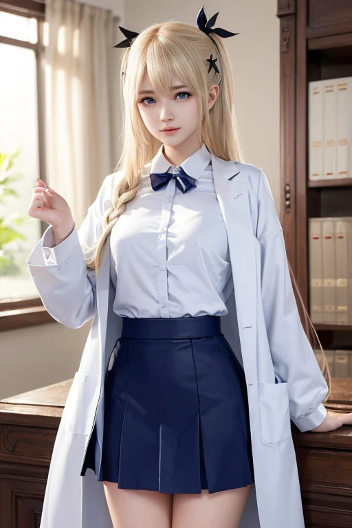 ((half white lab coat outside)),(sailor collar school uniform),shirt, pleated skirt,(black pantyhose),<lora:chineseTiktokIdolXiaoDianXin_v11:0.3>,<lora:Moxin_1010:0.1>, [:(detailed face:1.2):0.2], raw photo, (masterpiece), (best quality), highres, (realistic, photo-realistic:1.2), ultra detailed, physically-based rendering, 1girl, air bangs, long hair, (silvery hair), wavy hair,