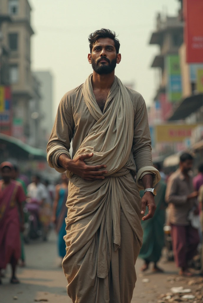 Musculer man,Black short beard,wearing wite Kurta pejama,Wite turban hat,Hairy show Chest, Doing muslim greating pose, Attractive Eye Contact, Standing pose,in public indias Road in sunny day