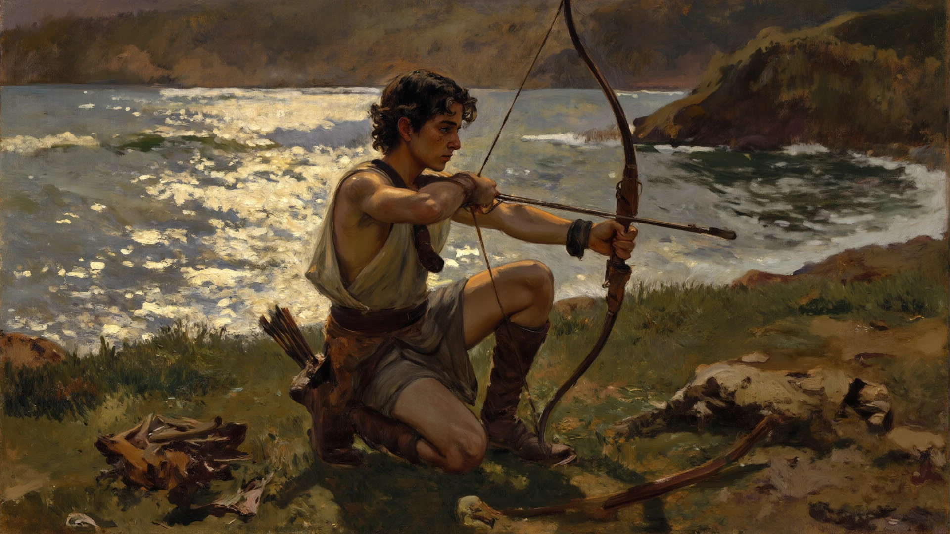 Cupid on his knees crying trying to remove an arrow that is lodged in his heart 
