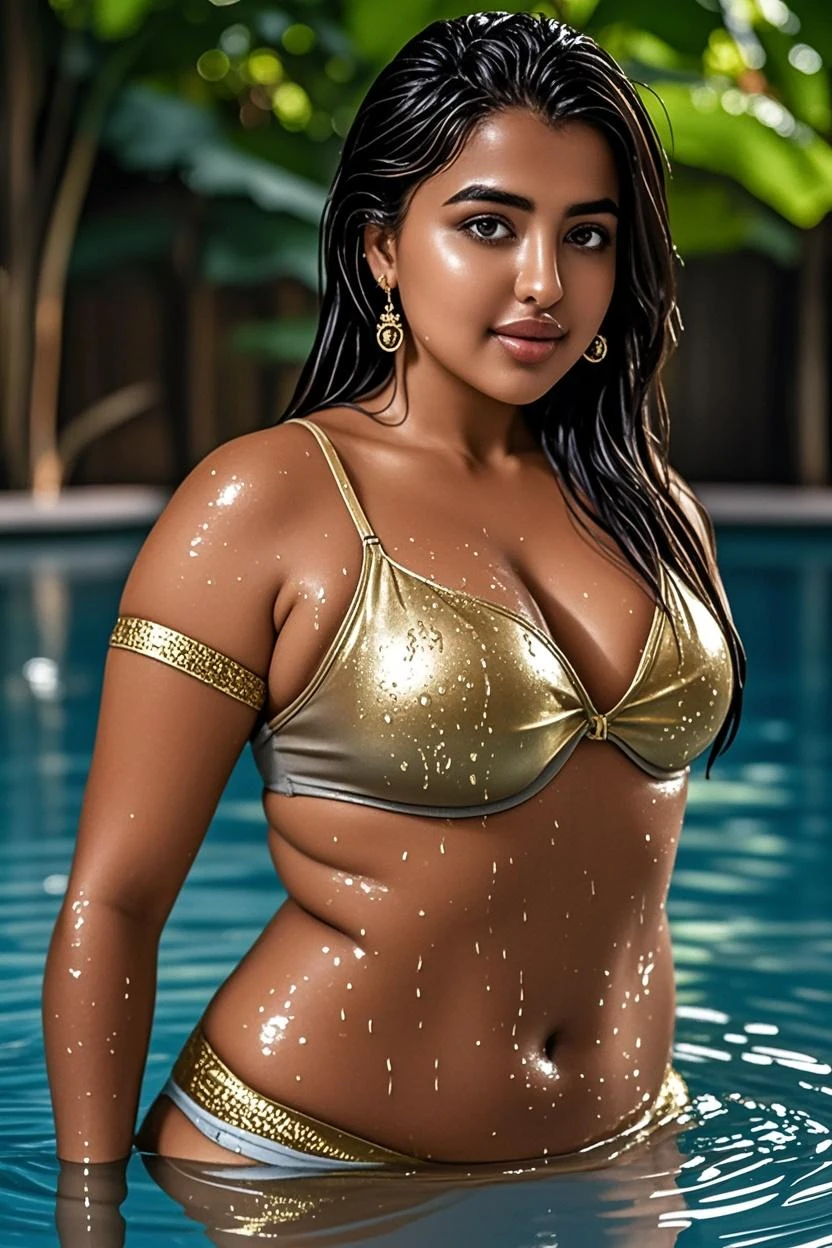 Make Anushka Shetty sitting on queen thron her head sunny weather her abs is shining she is wet form sweat make her wear tight bra show her six abs also define abs make her wear queen crown