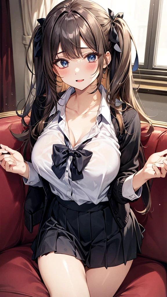 ((((perfect anatomy, super dense skin)))), 1 girl, Japanese, , (got it, Super oily and shiny skin:1.1), looking at the scenery, (embarrassing:1.2), 
beautiful hair, beautiful face, thin and beautiful eyes, (long hair:1.4, straight hair:1.7), light brown hair, (大きなchest:1.3), earrings, 
beautiful clavicle, beautiful body, 美しいchest, beautiful thighs, beautiful feet, beautiful and delicate fingers, five fingers, baby face, ,(((Long sleeve white blouse, black suit vest:1.4, black tight mini skirt:1.4, black bow tie, choker), Thighs shiny with oil, very sexy, share, seductive thighs, camel toe)), 
(beautiful scenery), office, Are standing, lift up the skirt yourself,  , 
(8k, highest quality, masterpiece:1.2, very detailed, , ), (realistic), beautiful illustrations, cinematic lighting,