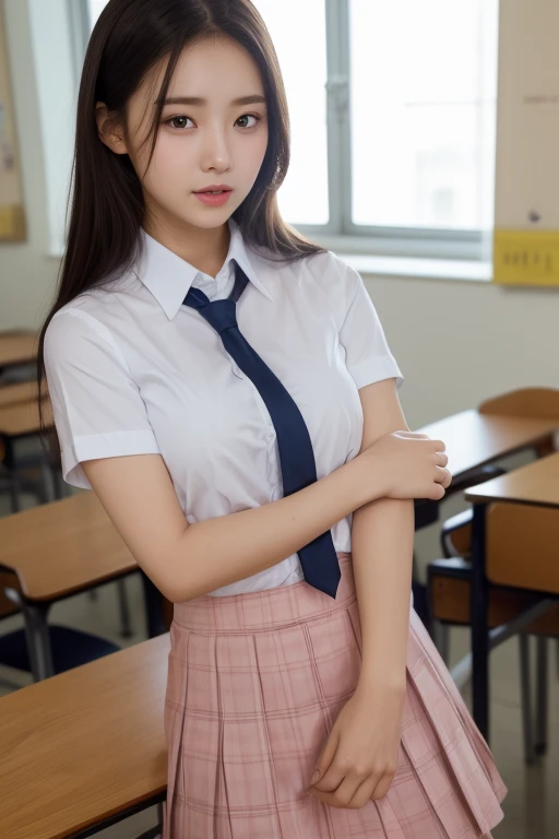 女の子 sitting on a bench in a classroom with a blackboard, beautiful anime high high school girl, a Surreal , 現実的なhigh school girl, Beautiful breasts, ribbon, Brown Hair, Young girl, Surreal , Cute girl visuals, 女の子 with long hair, cute girl, Smooth anime CG art, high school girl, Seductive girls, (Detailed eyes and face:1.3, Professional photography techniques), (Detailed hands), (Highest quality, 8K, masterpiece:1.2, RAW Photos), Gaze at the viewer, (blush:1.2), (Sexy expression:1.2), (Sit with your legs apart:1.5, Underwear visible through mini skirt:1.4, Fascinating Chirarism:1.3), (Detailed hands)