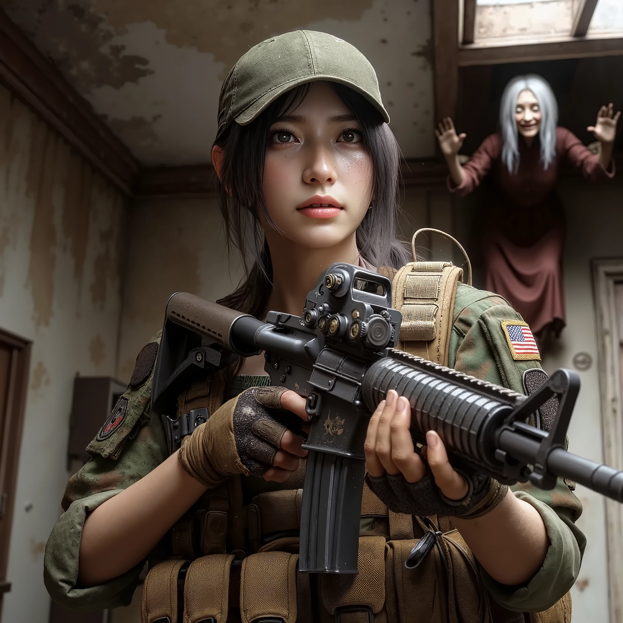 two cartoon girls with guns and a house in the background, war in background, on a farm, on a village, in the old west, in game, in an anime, on amino, on a battlefield, in a anime masterpiece, resembling a mix of grimes, inspired by Dom Qwek, in red dead redemntion 2, in battle