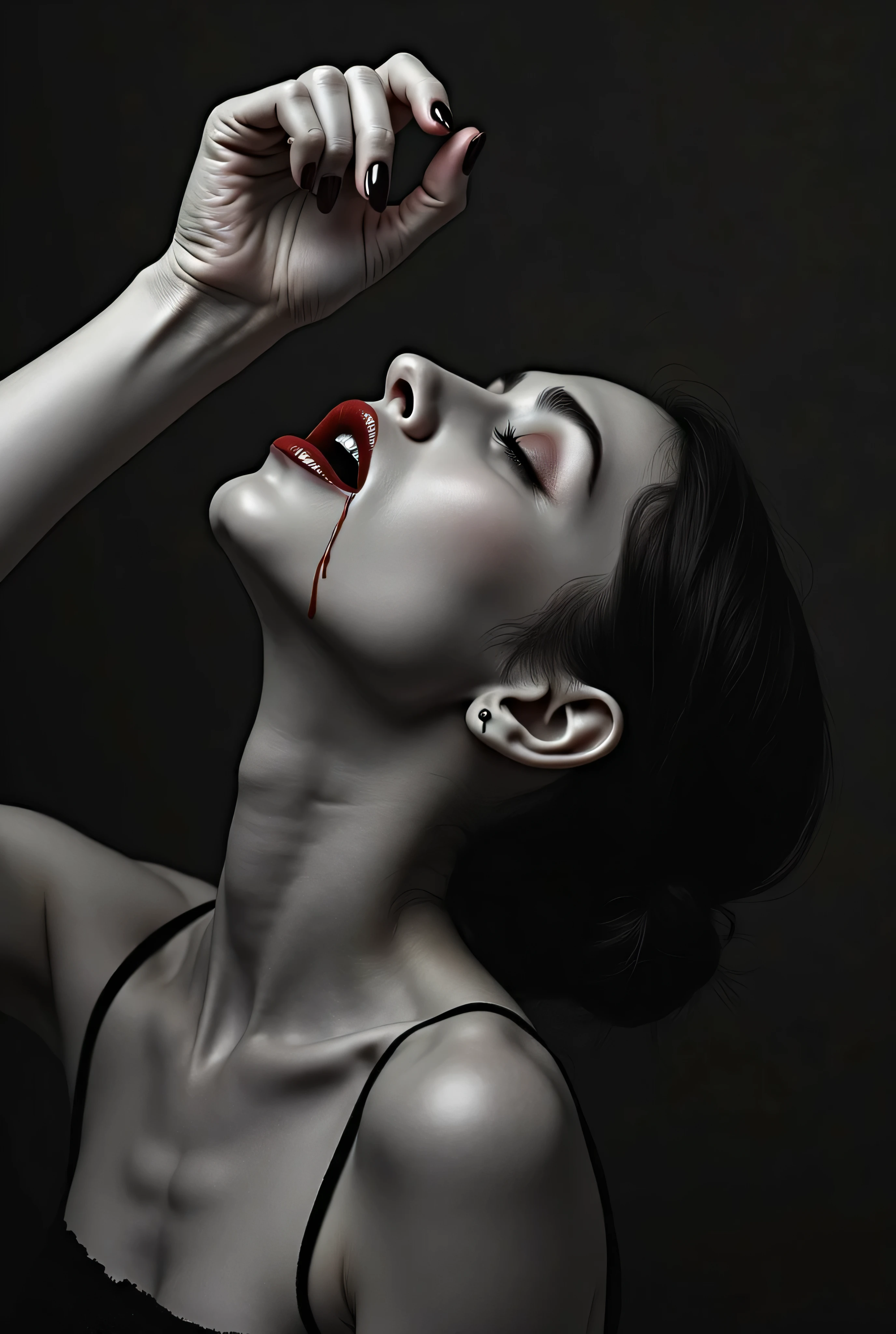 (a girl,vampire),(beautiful detailed eyes,detailed lips,long hair,gorgeous),(dark,gothic),(black dress,red lipstick),(pale skin),(moonlight),(elegant),(oil painting,highres),(ominous atmosphere)