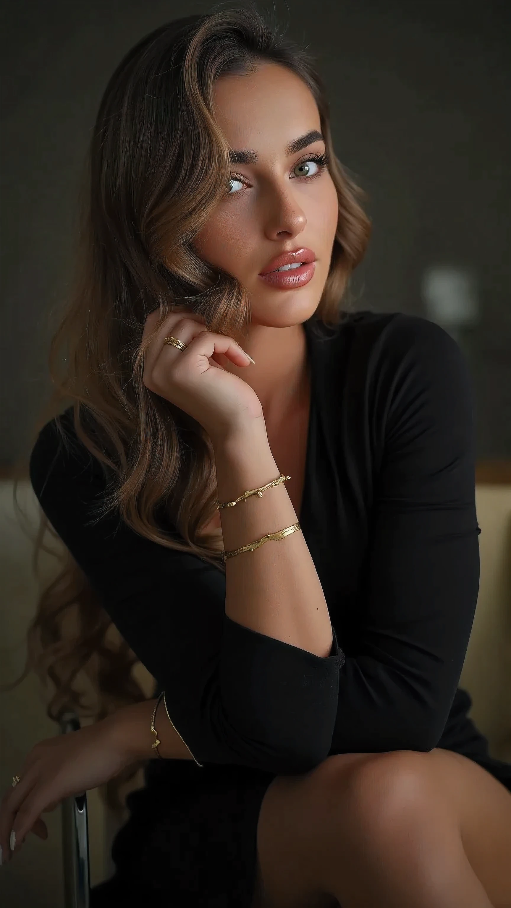 sexy,classy,full body portrait of Izabela Ion,elegant woman,beautiful face,piercing blue eyes,high cheekbones,glossy dark hair,flawless porcelain skin,confident mature expression,wearing black evening gown,dramatic lighting,cinematic composition,intricate fabric details,luxury jewelry,photorealistic,8K,professional studio photography,seamless background,moody dramatic lighting,rich color palette,warm tones